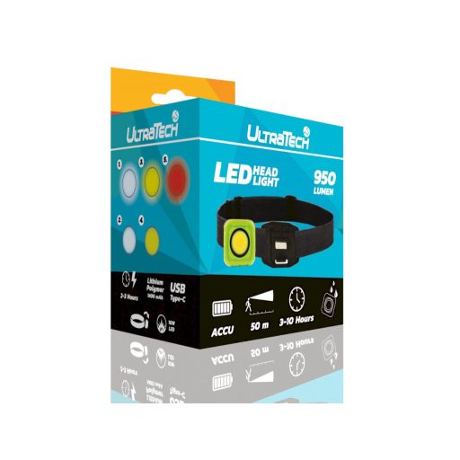 Ultratech LEDH500 USB-s LED fejlámpa - 10W, 950lm