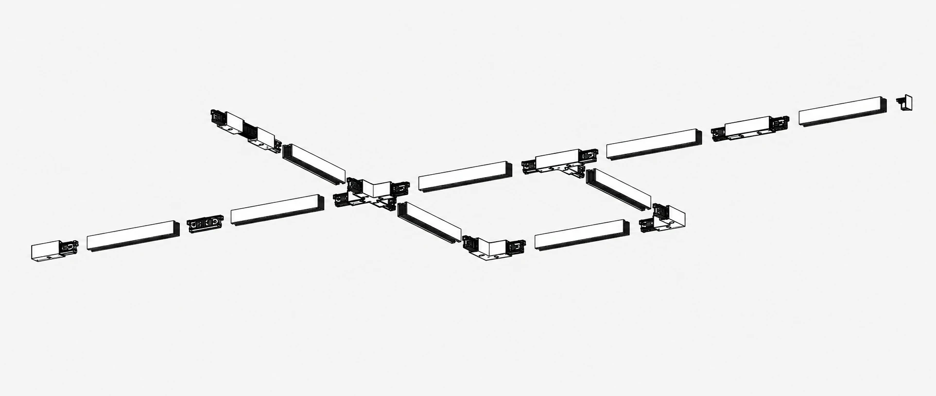 3F világítási sínrendszer összeállítása sínekkel, betáplálókkal és csatlakozókkal