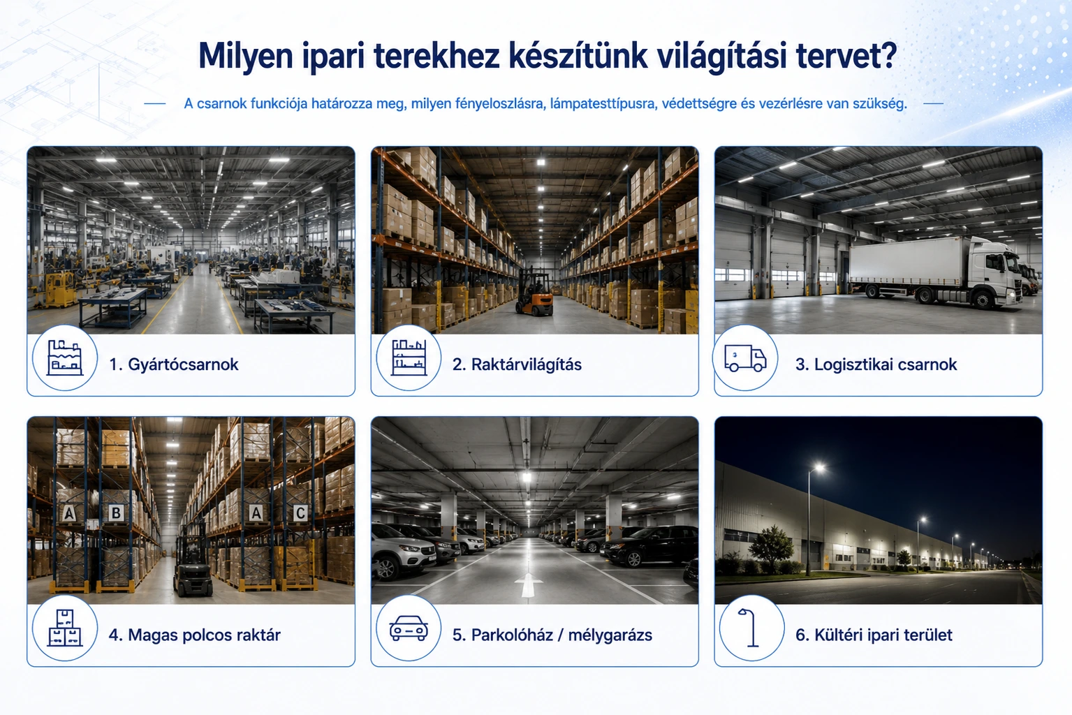 Ipari világítási zónák és területek DIALux alapú LED világítás tervezéshez: gyártócsarnok, raktárvilágítás, logisztikai csarnok, magas polcos raktár, parkolóház és kültéri ipari terület