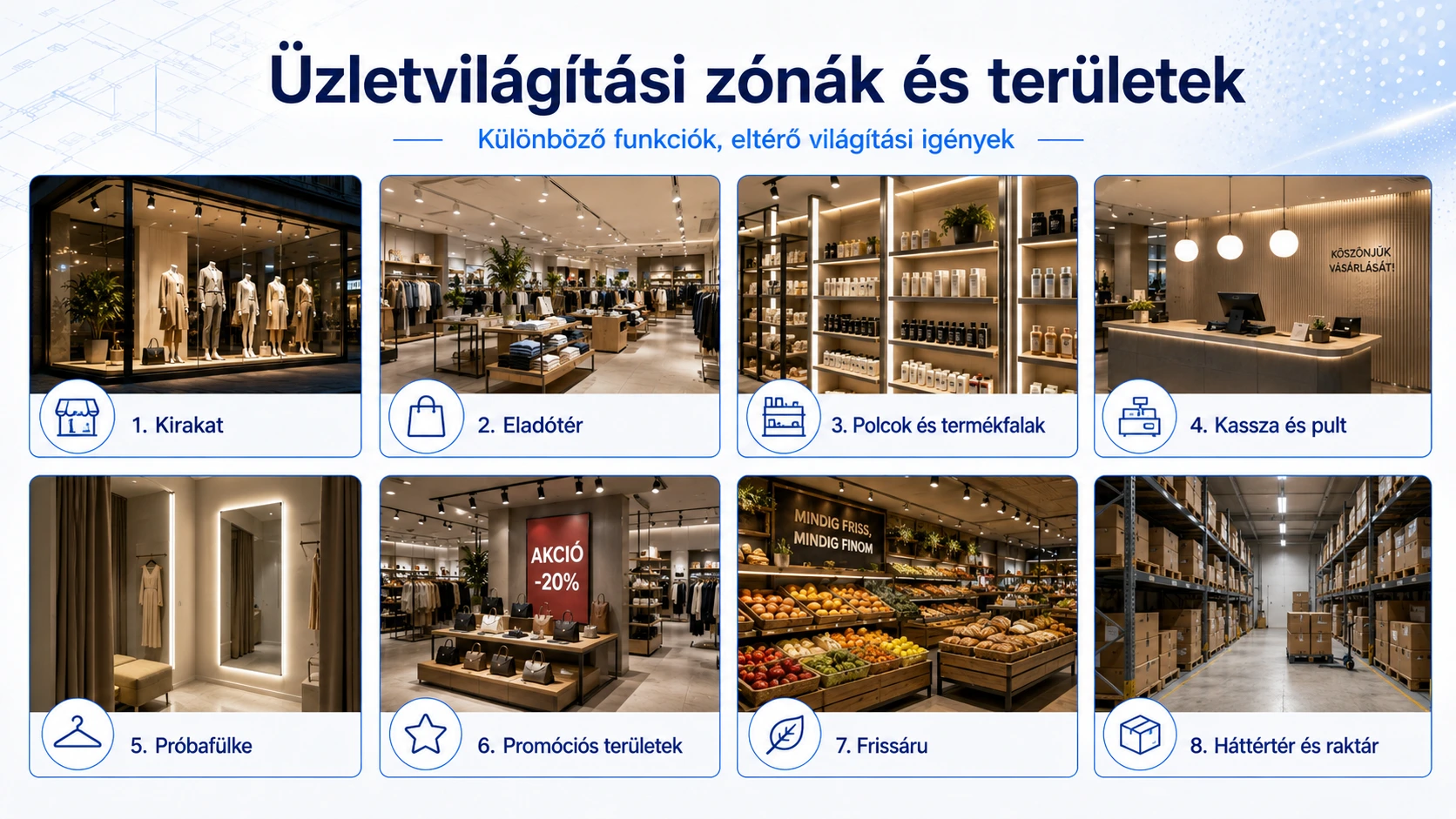 Üzletvilágítási zónák és területek DIALux alapú LED világítás tervezéshez: kirakat, eladótér, polcok és termékfalak, kassza és pult, próbafülke, promóciós területek, frissáru, háttértér és raktár